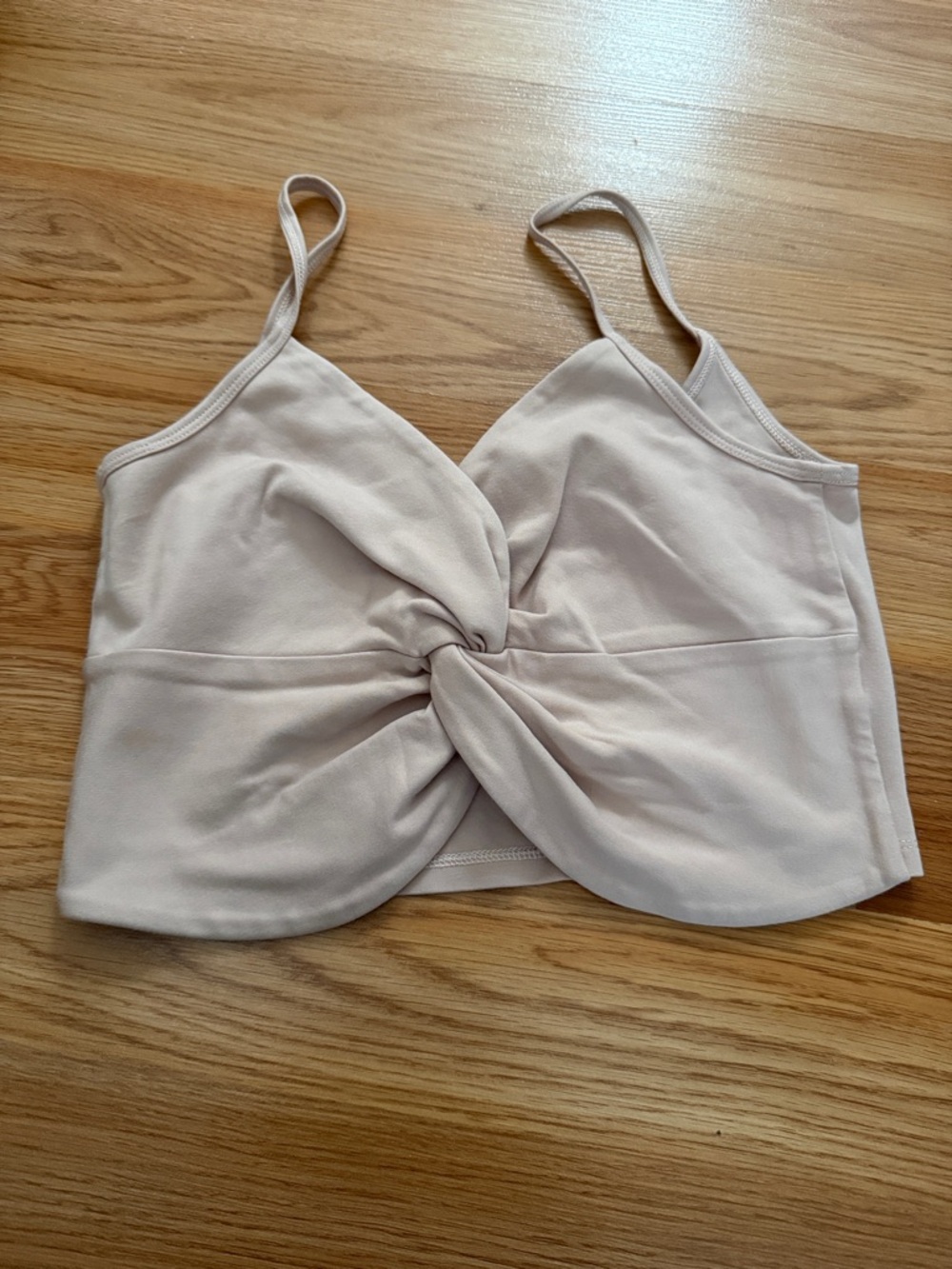 Babaton Twisted Front Spaghetti Strap Crop Top in Light Beige